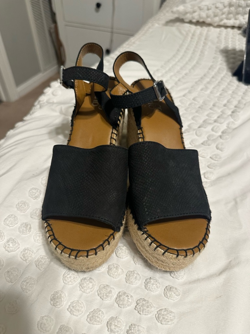 Women's Franco Sarto Black Espadrille Wedge Sandals - Ankle Strap